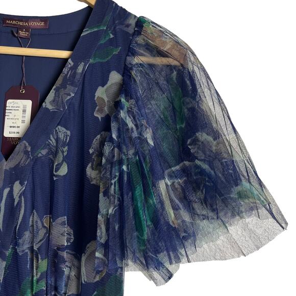 Marchesa Voyage Iris Blue Sheer Pleated Floral Print V-Neck Midi Dress 2 - Picture 7 of 16